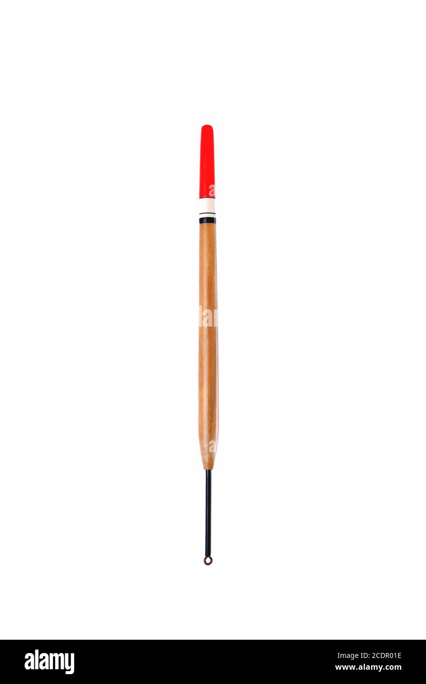 Lange zylindrische Angelrute zum Angeln mit einer Angelrute Nahaufnahme auf weißem Hintergrund Stockfoto