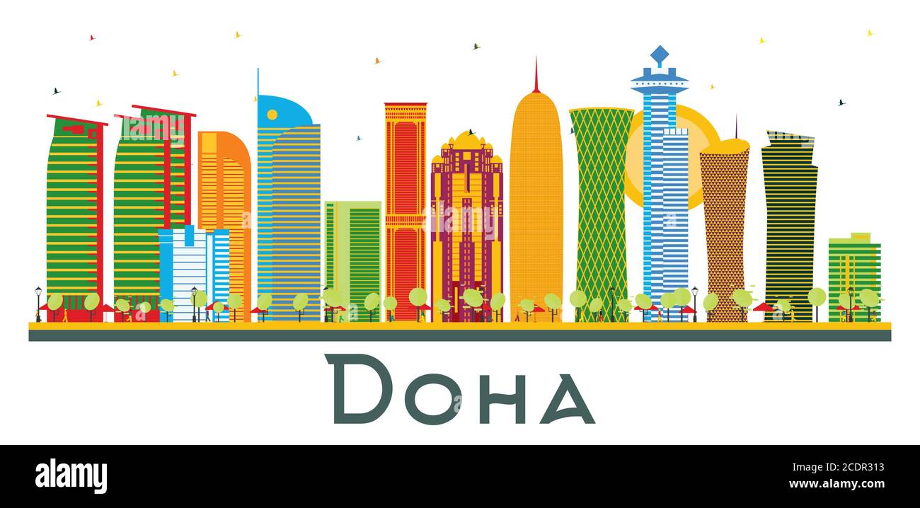 Skyline der Stadt von Doha Katar mit Farbgebäuden Isoliert auf Weiß. Vektorgrafiken. Business Travel and Tourism Konzept mit Moderner Architektur. Stock Vektor