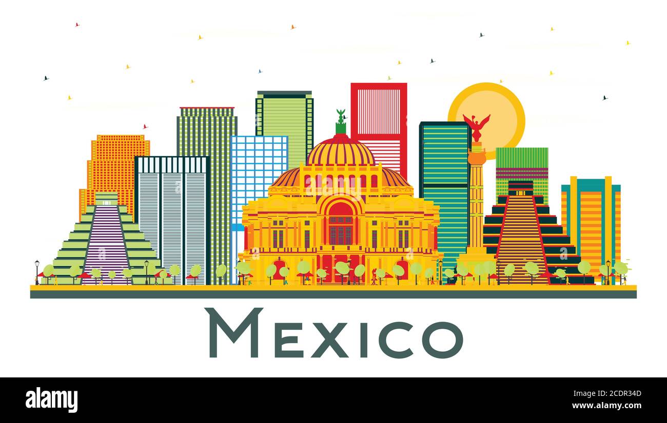 Skyline von Mexiko-Stadt mit farbigen Gebäuden isoliert auf Weiß. Vektorgrafik. Business Travel und Tourismus Konzept mit historischer Architektur. Stock Vektor