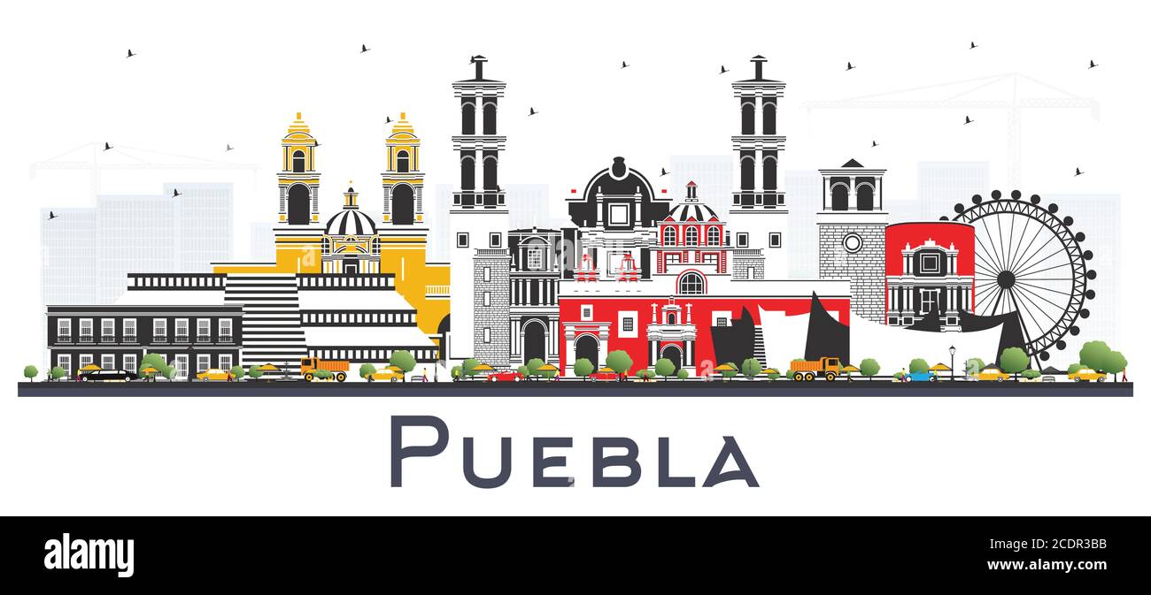 Puebla Mexico City Skyline mit farbigen Gebäuden isoliert auf Weiß. Vektorgrafik. Tourismuskonzept mit historischer und moderner Architektur. Stock Vektor