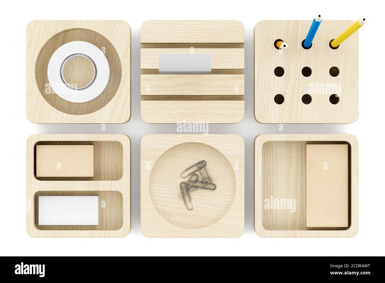 Draufsicht der hölzernen Schreibtisch Organizer mit Büro liefert isolierten auf weißen Hintergrund Stockfoto