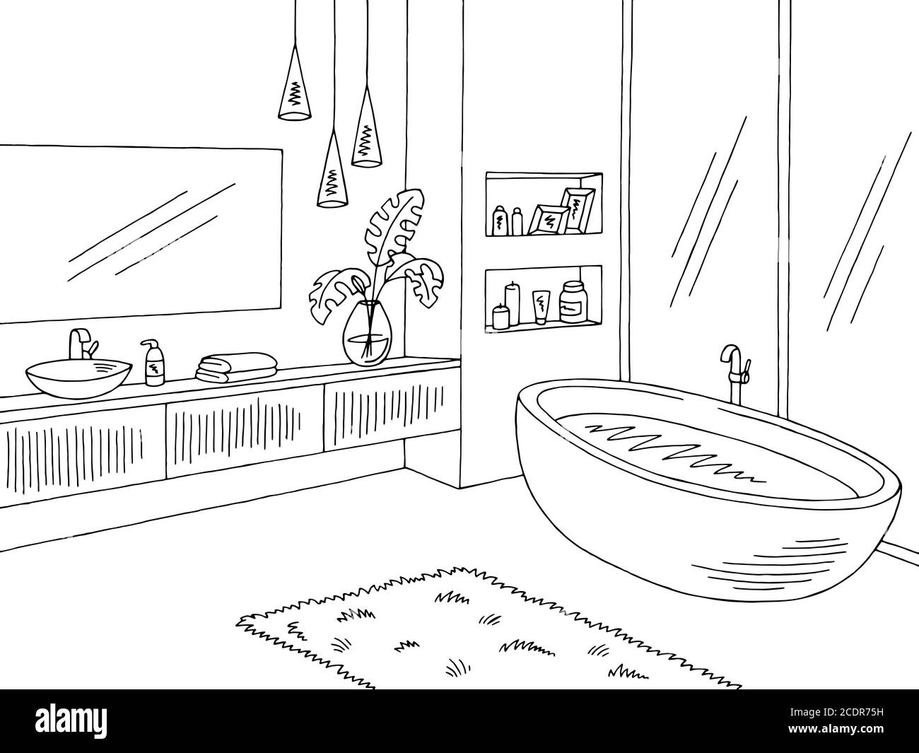 Badezimmer Grafik Innenraum schwarz weiß Skizze Illustration Vektor Stock Vektor