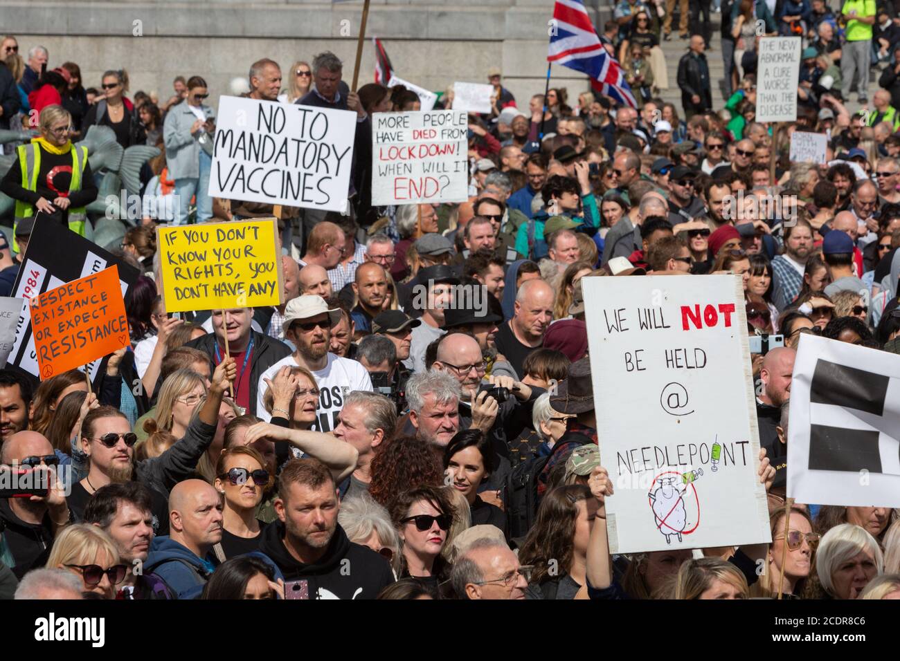 Anti-Lockdown-Verschwörungstheoretiker und Coronavirus-Leugner protestieren am Trafalgar Square für persönliche Freiheiten und gegen die Regierung und die Mainstream-Medien, die, wie sie sagen, hinter Desinformation und Unwahrheiten über die covid Pandemie am 29. August 2020 in London, England, stehen. Stockfoto