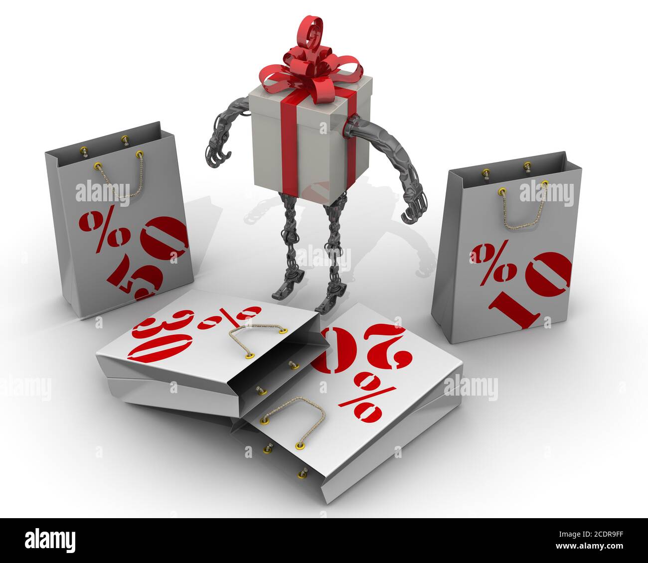 Rabattkonzept für den Verkauf. Weiße Cyborg Geschenkbox mit roten Bändern und Schleife wählt Rabatte. 3D-Illustration Stockfoto