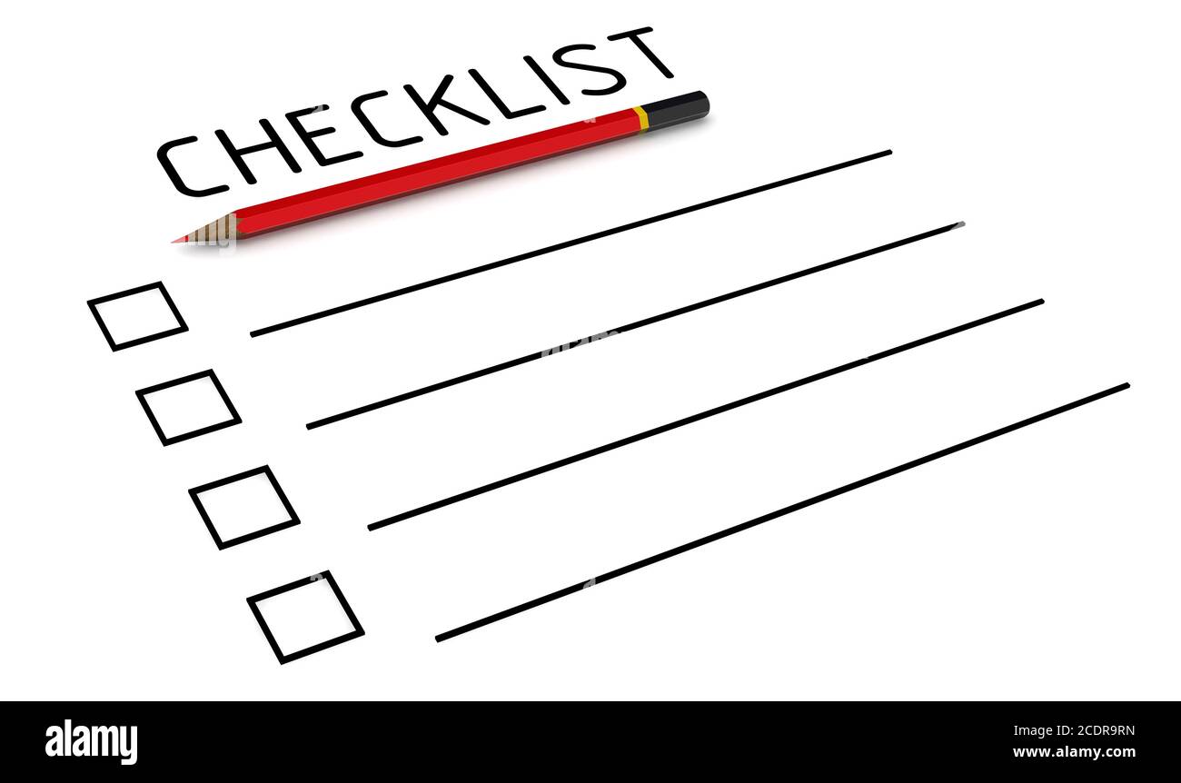 Roter Stift und leere Checkliste auf weißer Oberfläche. 3D-Illustration Stockfoto