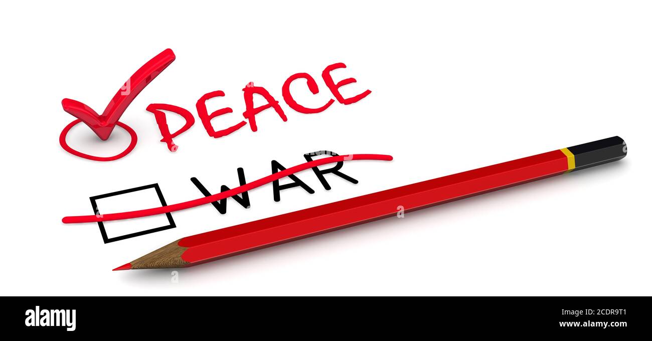 Frieden, aber nicht Krieg. Roter Bleistift durchgestrichen das schwarze Wort KRIEG und schrieb das rote Wort FRIEDEN mit Häkchen. Das Konzept der Änderung der Wahl Stockfoto