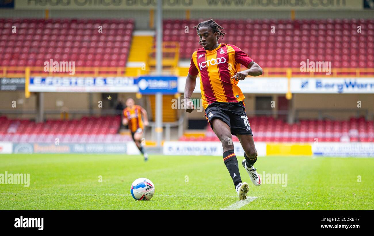 Bradford, Großbritannien. August 2020. Clayton Donaldson von Bradford City während des 2020/21 Pre Season Freundschaftsspiels zwischen Bradford City und Wigan Athletic im Utility Energy Stadium, Bradford, England am 29. August 2020. Foto von Thomas Gadd. Kredit: Prime Media Images/Alamy Live Nachrichten Stockfoto