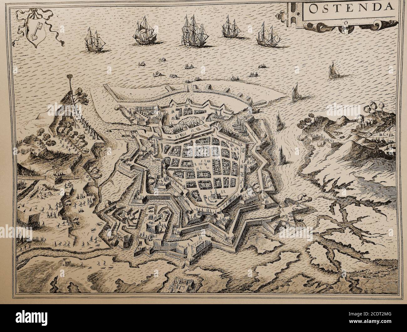 Karte des Hafens VON OSTENDA - Ostende (Oostende / Ostende), Belgien um 1618. Die Belagerung von Ostende, 1601 bis 1604, von der gesagt wurde, dass "die Spanier die Unangreifbaren angegriffen und die Holländer die Unhaltbaren verteidigt haben", kostete 80,000 Tote oder Verletzte und war damit die blutigste Schlacht des achtzigjährigen Krieges. Ein Waffenstillstand folgte, aber das Ergebnis war, dass der Hafen wurde ein Hafen für Piraten (Dunkirkers) und Privatfahrer. X Stockfoto