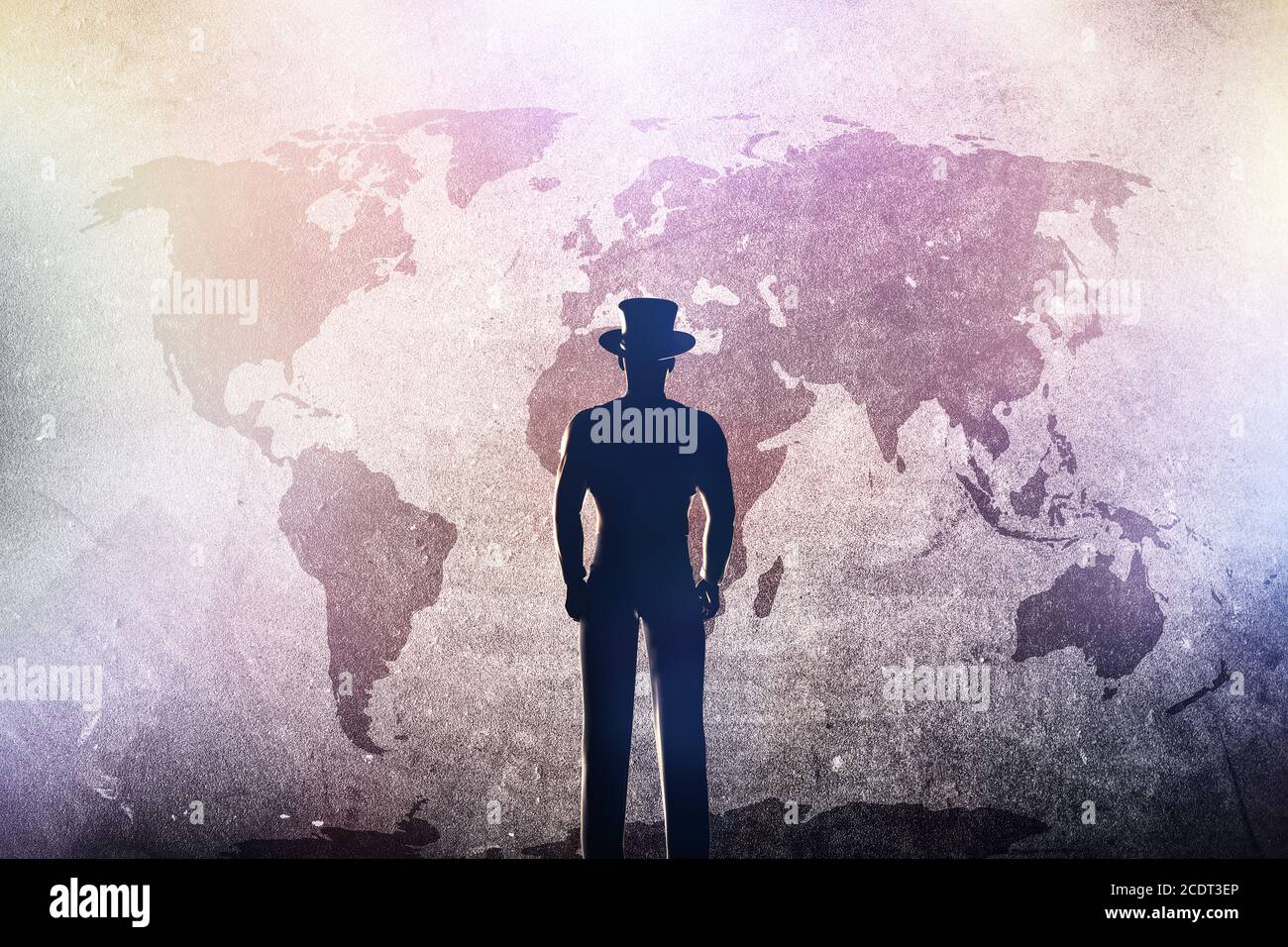 Silhouette eines Mannes im Hut vor stehen Weltkarte auf einer grunge Betonwand Stockfoto