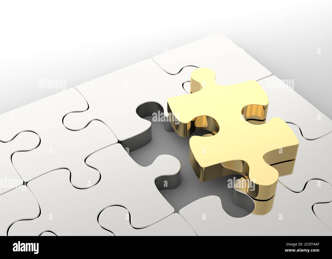 Letzte goldene Puzzle-Stück, um ein Puzzle zu vervollständigen. . Konzept der Geschäftslösung Stockfoto