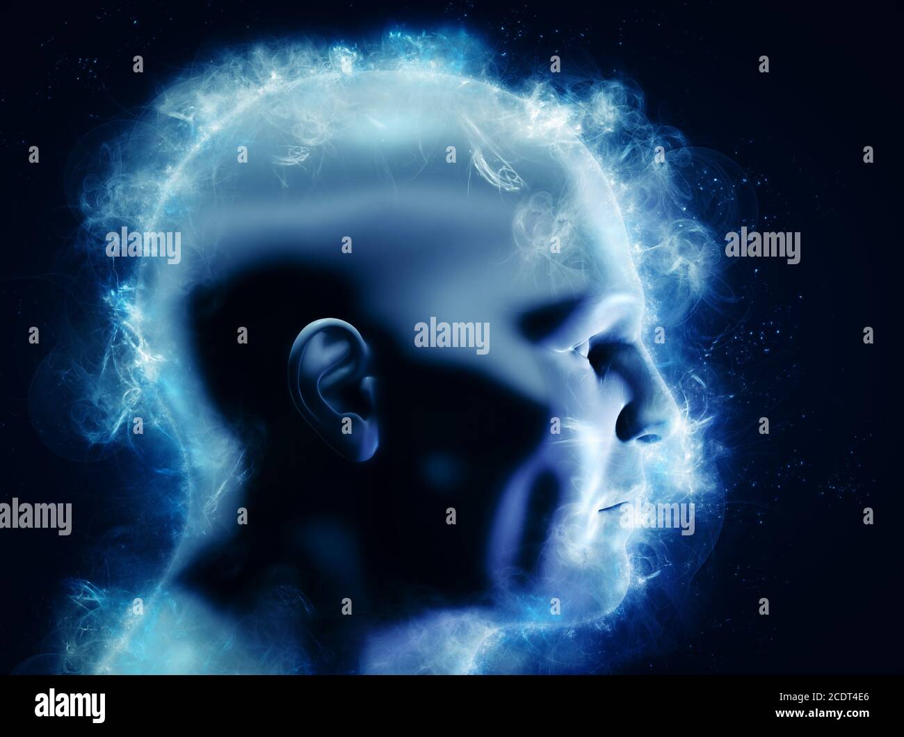 Geist, Gehirn Macht und Energie-Konzept. 3D menschlicher Kopf mit leuchtenden abstrakten Formen Stockfoto