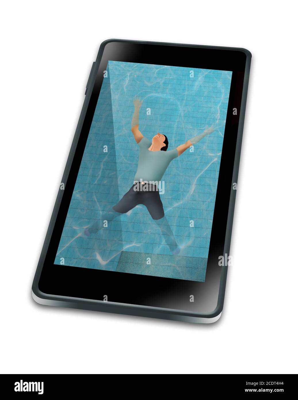 Man sieht einen Mann auf einem mit Wasser gefüllten Handy schweben, als wäre es ein Schwimmbad. Es zeigt, in sein Handy eingetaucht. Stockfoto