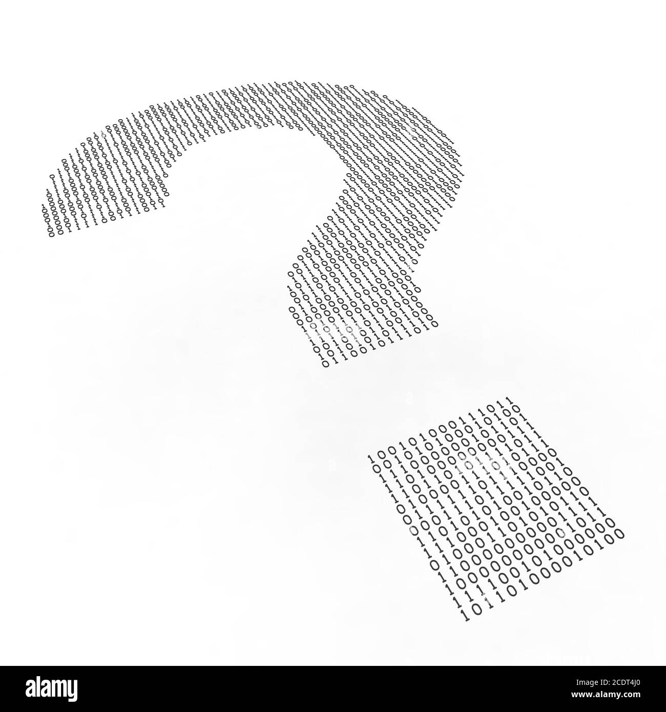 Schwarzer Binärcode, der eine Form einer Frage bildet Auf weißem Hintergrund markieren Stockfoto