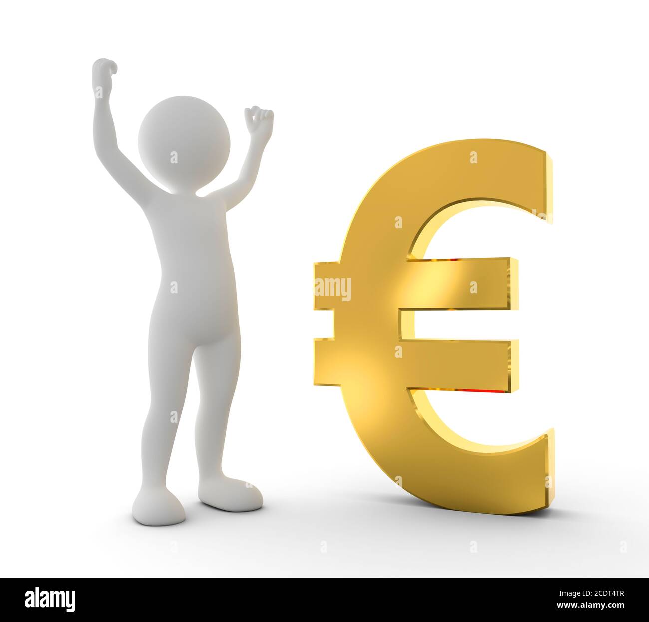 Toon glücklicher Mann heben Hand für einen Sieg neben Goldenes EURO-Symbol Stockfoto