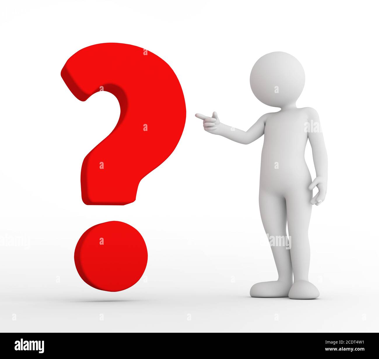 Toon Mann zeigt auf rote große Fragezeichen. FAQ, fragen, Konzepte suchen Stockfoto