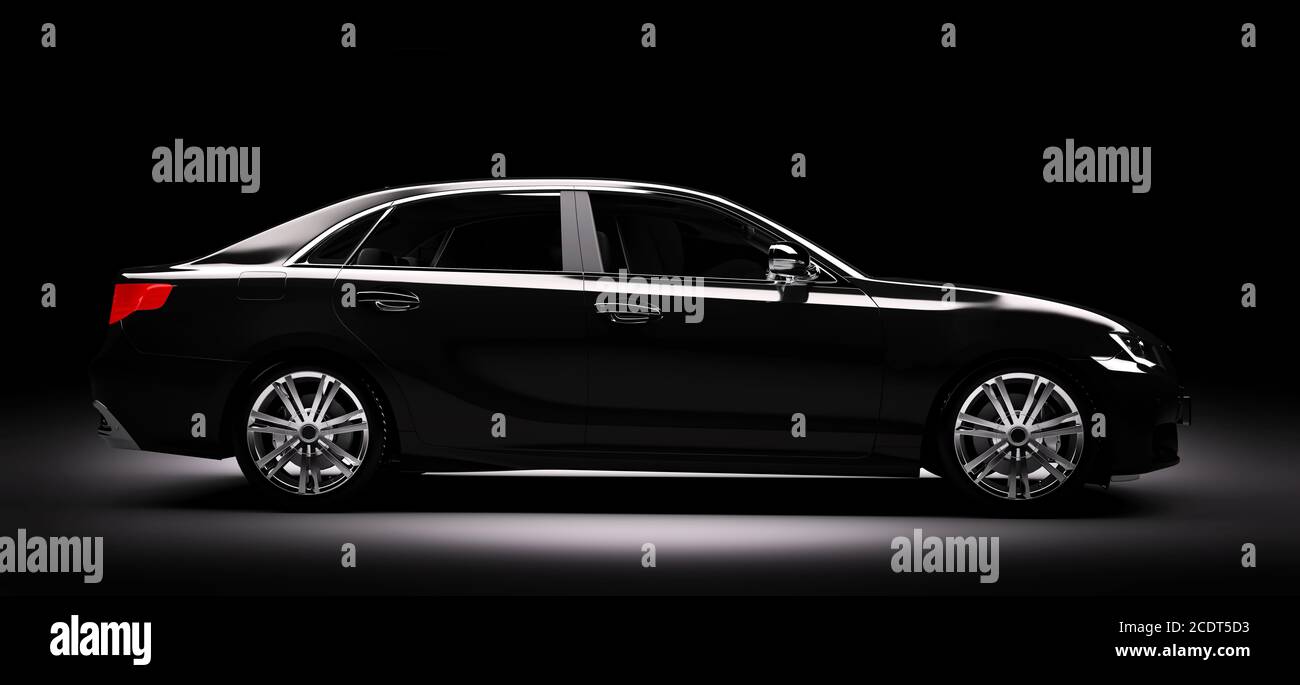 Neue schwarze Metallic-Limousine im Rampenlicht. Modernes Design, brandlos. Stockfoto