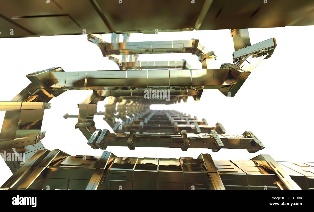 Abstrakt futuristische Tunnel wie Raumschiff Korridor Metallspiegelung im weißen Raum. 3d-Illustration Stockfoto