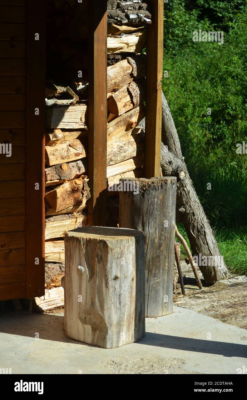 Holzstämme schneiden, Holzstapel von Brennholz hinter schneiden Stockfoto