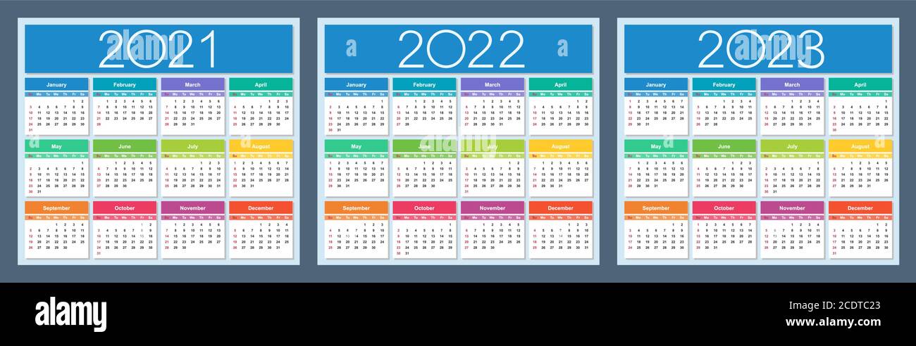 Kalender 2021, 2022, 2023. Farbenfrohes Set. Die Woche beginnt am Sonntag. Isolierte Vektordarstellung. Stock Vektor