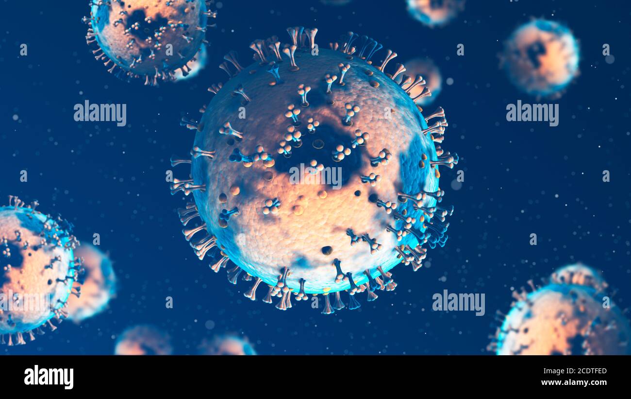 Coronavirus 3d Illustration - Mikrobiologie und Virologie Hintergrund. Covid-19-Partikel Stockfoto