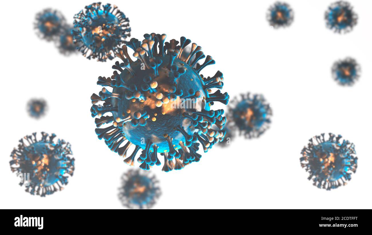 Coronavirus 3d Illustration - Mikrobiologie und Virologie Hintergrund. Covid-19 isoliert auf weißem Hintergrund. Stockfoto