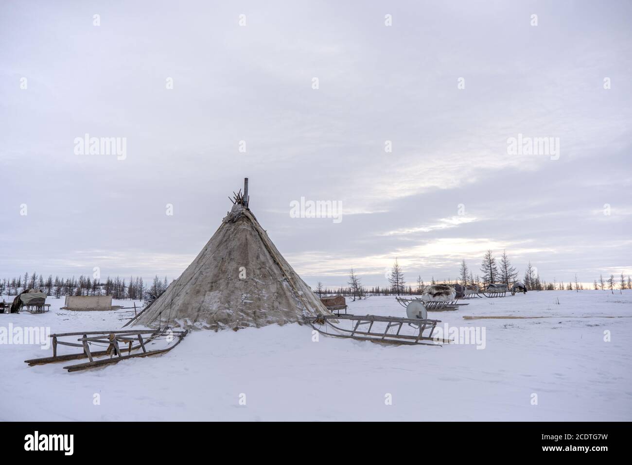 Ein Chum (Nenet traditionelles Zelt mit Rentierfellen bedeckt) in der verschneiten Tundra, Yamalo-Nenzen Autonomous Okrug, Russland Stockfoto