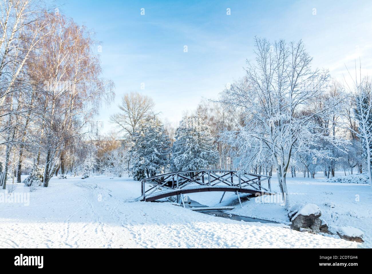 Der erste Schnee in der City Park mit Bäumen unter Neuschnee bei Sonnenaufgang. Brücke an einem sonnigen Tag im Winter City Park. Stockfoto