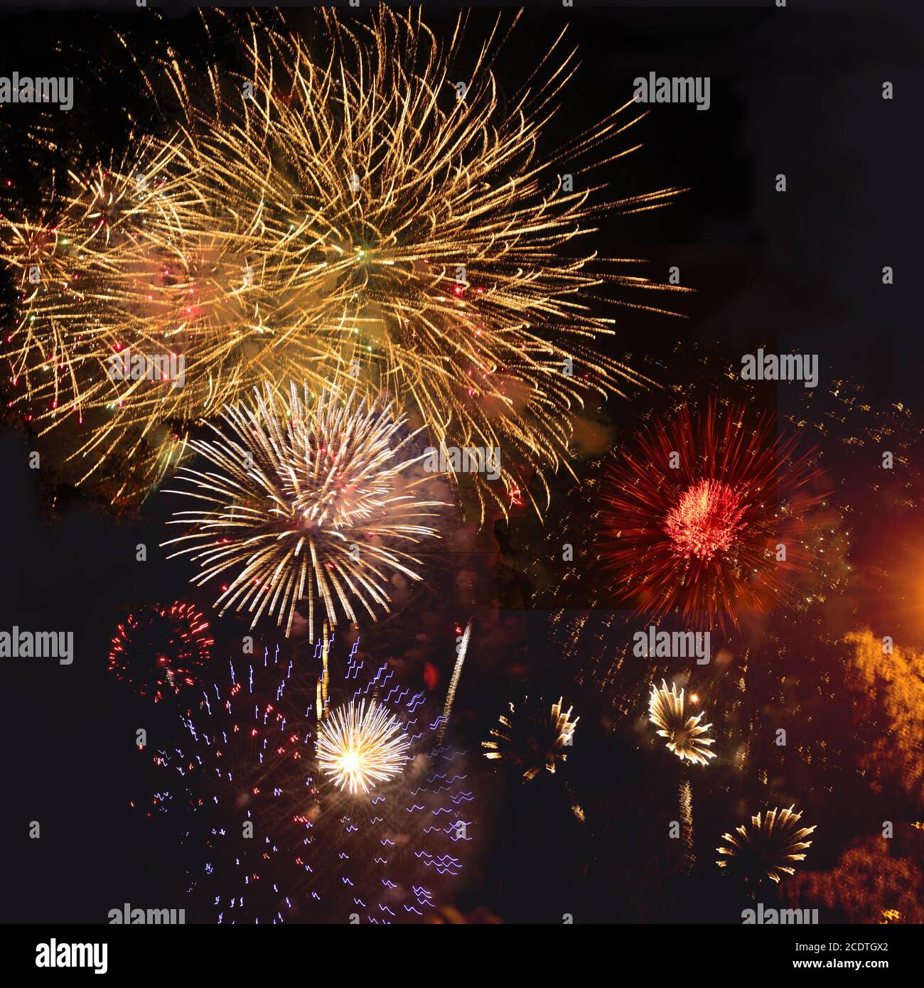 Buntes festliches Feuerwerk am schwarzen Nachthimmel Stockfoto