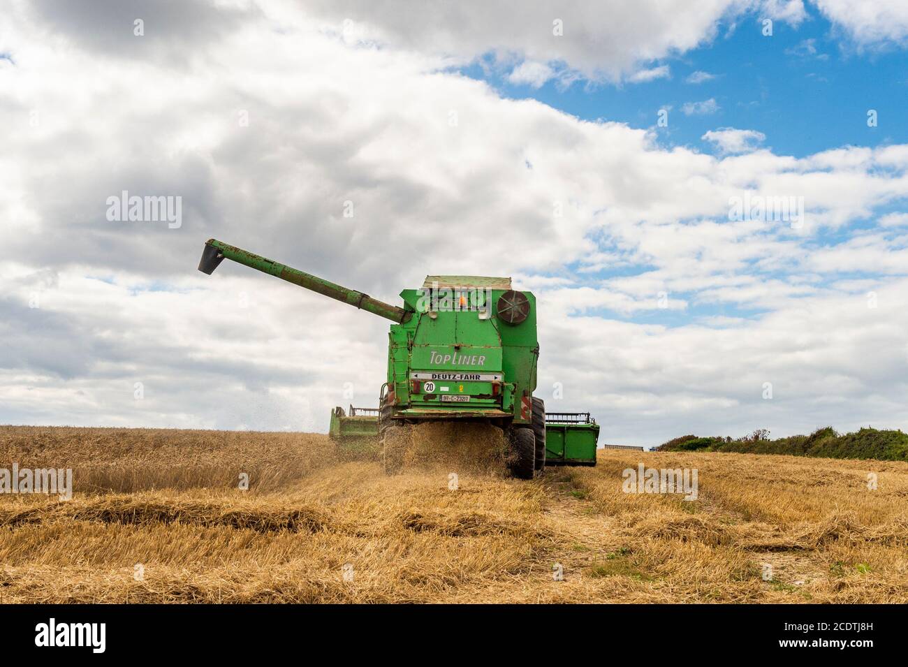 Ballycotton, East Cork, Irland. August 2020. Ein Deutz-Fahr Topliner 4080 HTS Combine Harvester von Barry & John Flavin schneidet an einem sonnigen Tag in East Cork Winterweizen auf der Ballycotton Farm von Alan & John Dunne. Quelle: AG News/Alamy Live News Stockfoto