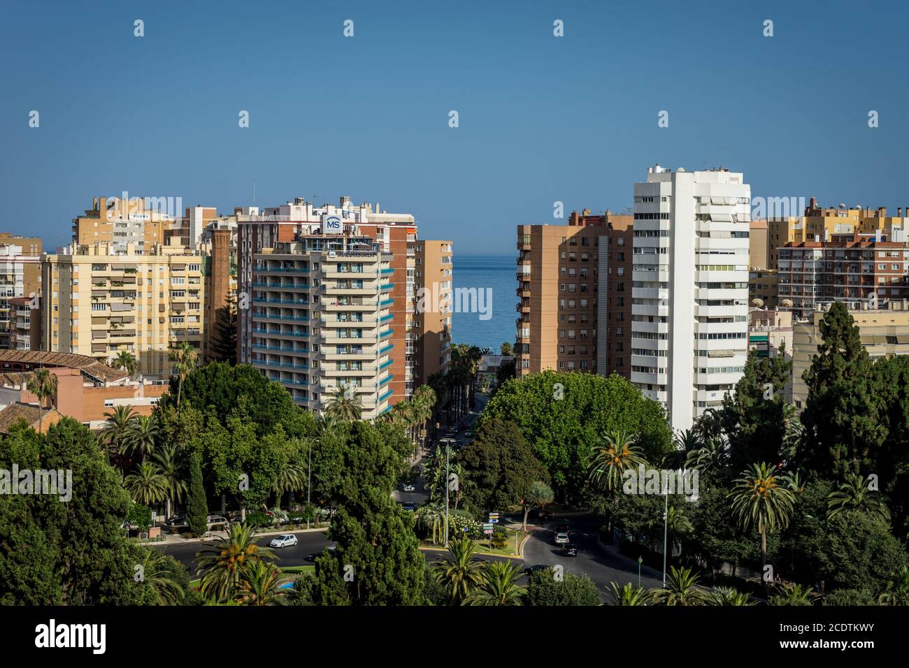 Skyline von Malaga mit Blick auf das Meer in Malaga, Spanien, Europa Stockfoto