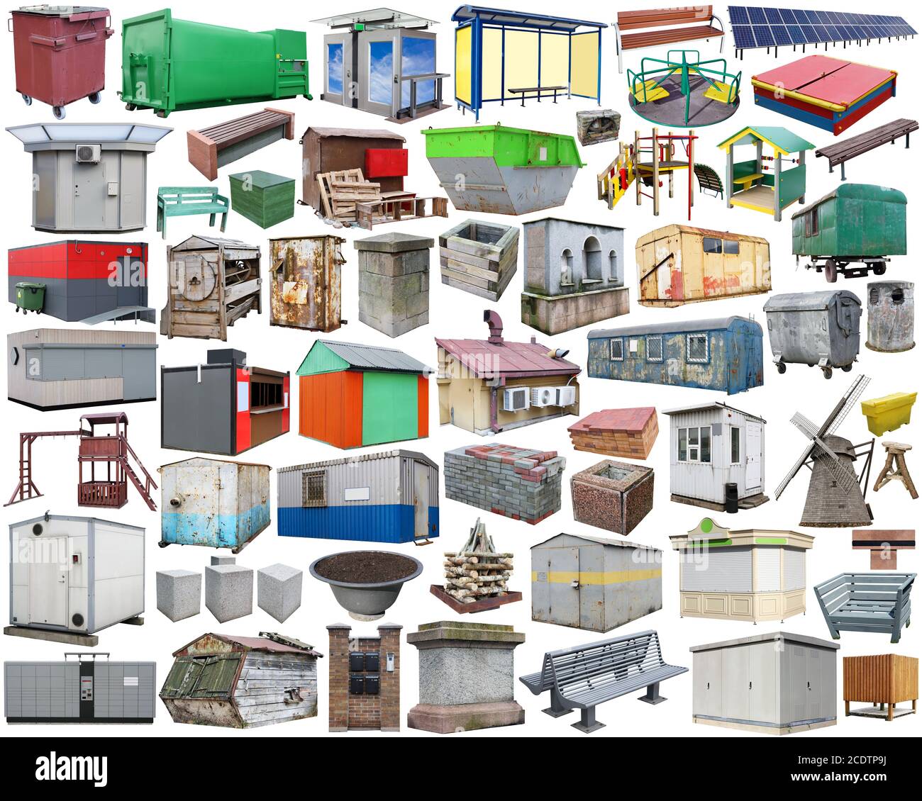 Kleine Industrieobjekte auf Straßen der Stadt - Bänke, Stände, Abfalleimer und so weiter. Großes isoliertes Set. Stockfoto