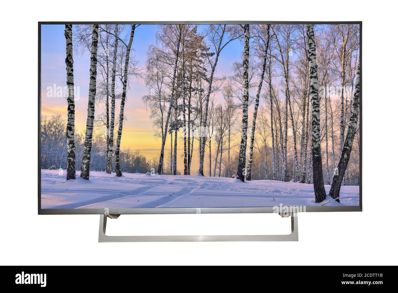 Moderner HD-Fernseher oder -Monitor mit Winterlandschaft auf dem Bildschirm Stockfoto