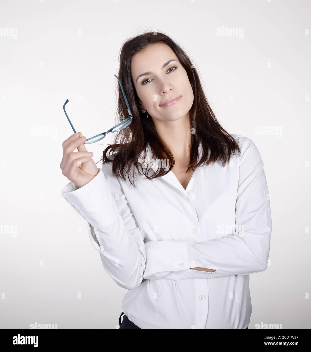Optimistische Geschäftsfrau mit Brille Stockfoto