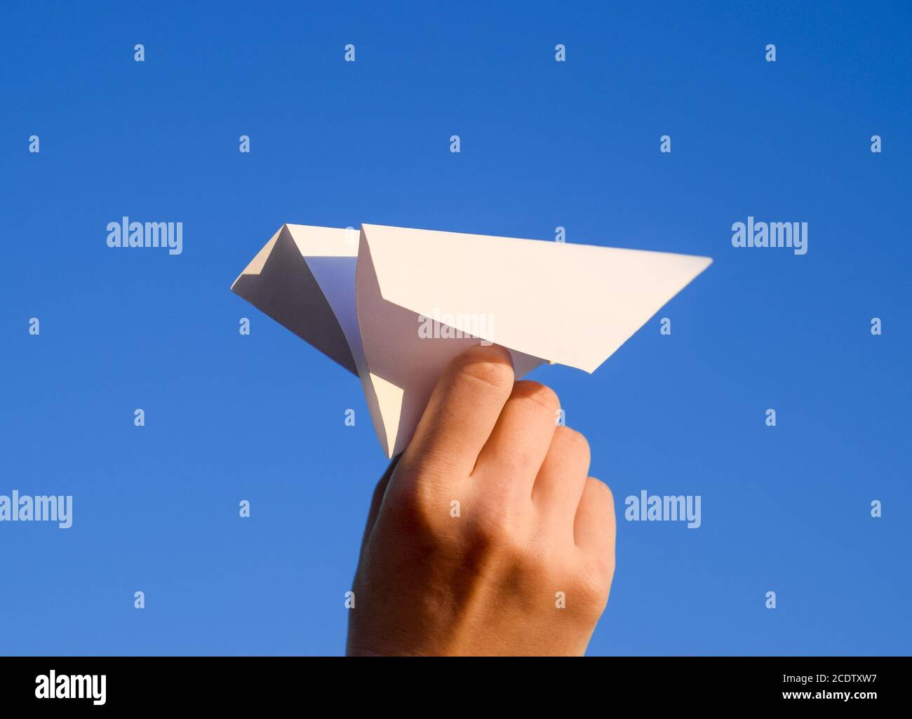 Weißbuch Flugzeug in der Hand gegen den Himmel. Ein Symbol der Freiheit im Internet Stockfoto