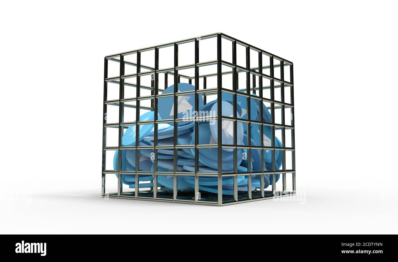 Blue Paper Plane Münzen im Gefängnis isoliert 3D-Rendering Stockfoto