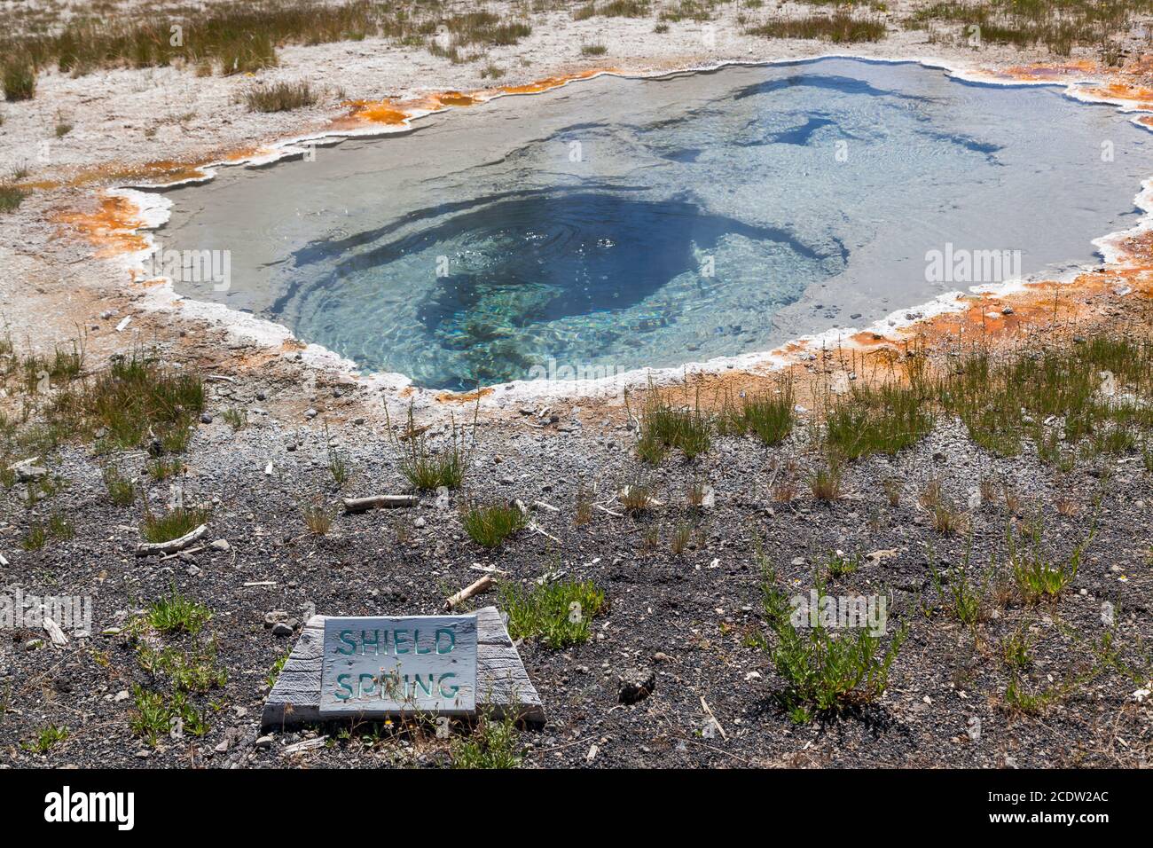 Ein sprudelnder Pool von geothermischem Wasser mit einem Bakterien und Mineralgrenze und ein Holzschild, das ihn als Schild kennzeichnet Frühling in Yellowstone Natio Stockfoto