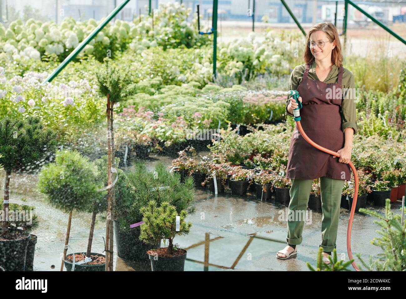 Glücklich reifen weiblichen Gärtner in Brillen und Arbeitskleidung Gießgrün Anlagen Stockfoto