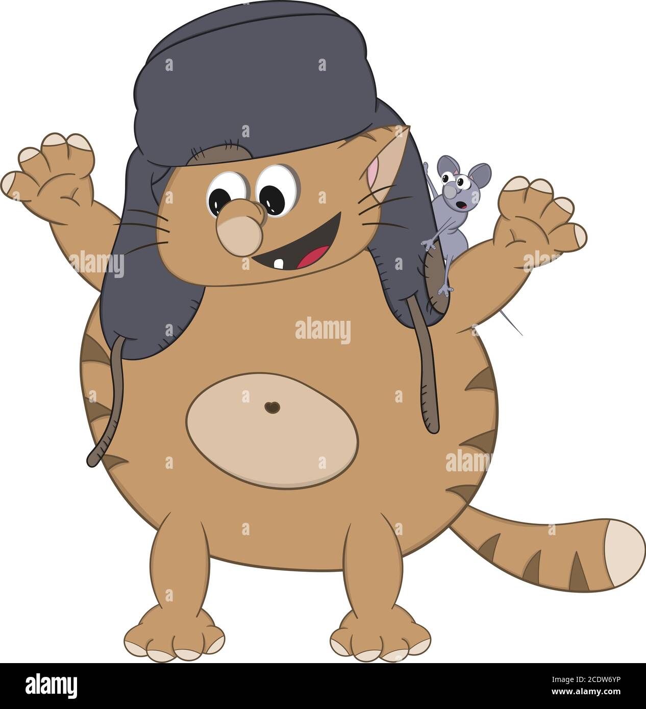 Lustige Cartoon Fett rote Katze in einer Kappe mit Ohrenklappen Hält eine kleine Maus auf seiner Schulter und freut sich Stock Vektor