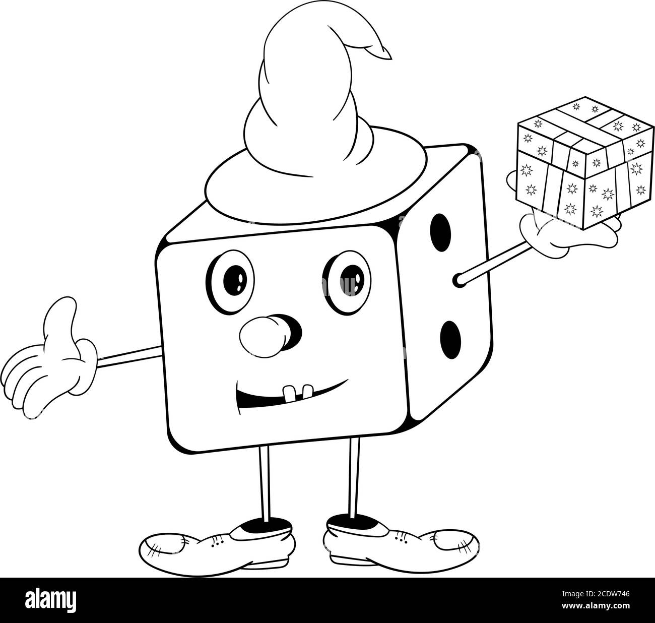 Lustige Cartoon Würfel in Zauberer Hut mit Augen, Händen und Füßen halten eine Geschenkbox in der Hand und lächelt. Schwarz-Weiß-Färbung. Stock Vektor