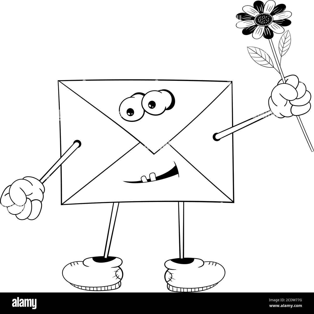 Lustige Comic Brief Mit Augen Armen Beinen Und Mund Halt Eine Blume In Der Hand Und Lachelt Schwarz Weiss Farbung Stock Vektorgrafik Alamy
