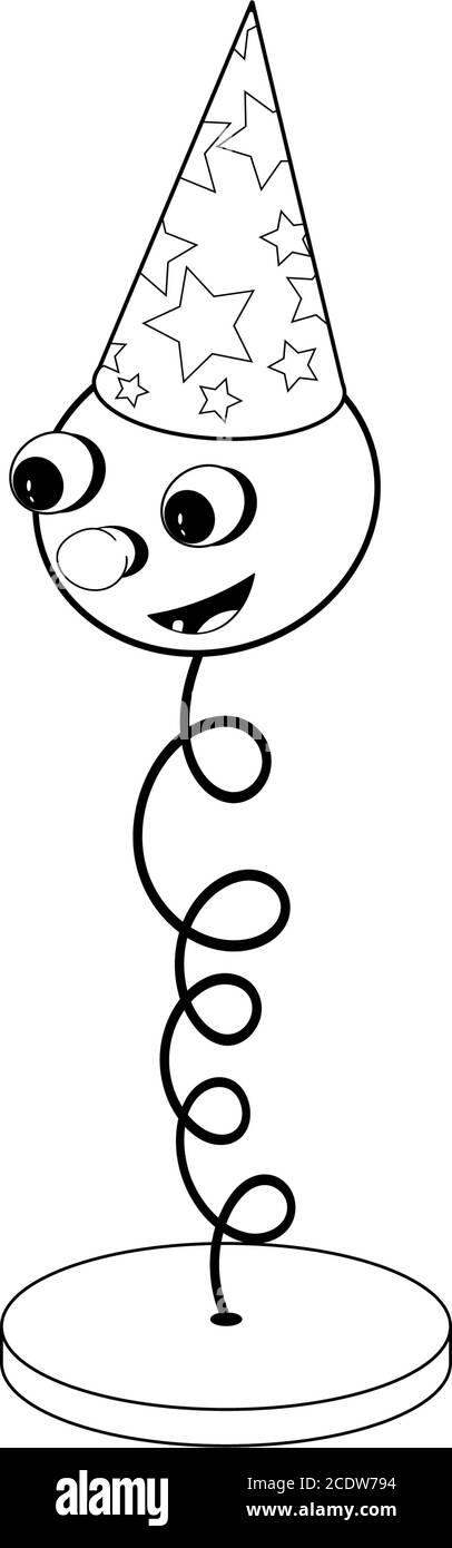 Lustige Cartoon-Feder auf einem Ständer - mit Augen, Mund und Kopf in einer festlichen Mütze. Schwarz-Weiß-Färbung. Stock Vektor