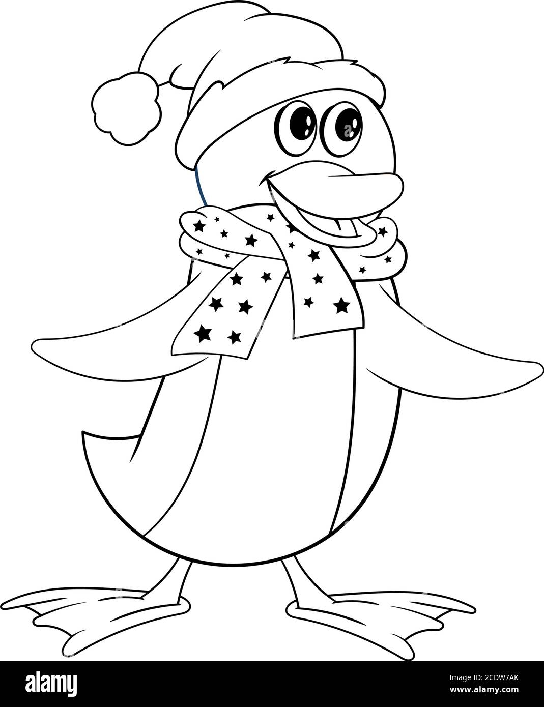 Pinguin in einem Schal und einem Weihnachtshut. Lustige Färbung im Stil von Comics Stock Vektor