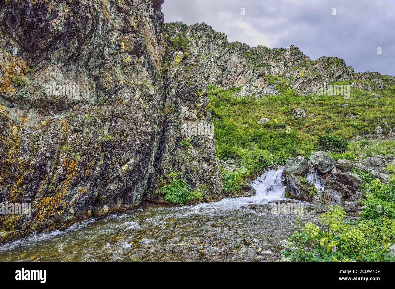 Bergbach fließt unter Klippen der Schlucht unter Felsbrocken im Altai-Gebirge, Russland Stockfoto