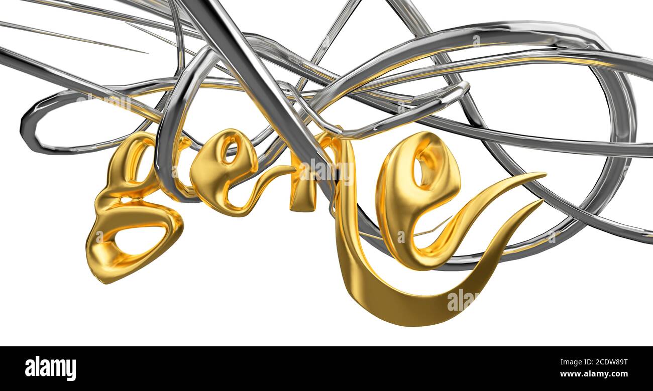 Gen Wort Schriftzug mit Metall Stahl, Platin, Silber oder Gold Buchstaben hängt an den Weinstock mit weißem Hintergrund, 3D-Darstellung Stockfoto