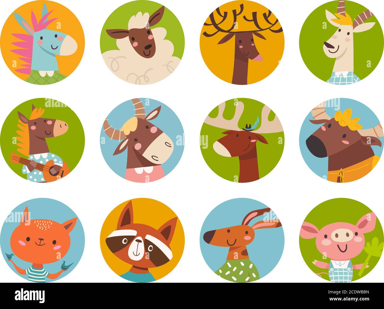 Bauernhof Tiere Vektor-Set von niedlichen Cartoon Tiere Gesichter in Flacher Style Stock Vektor