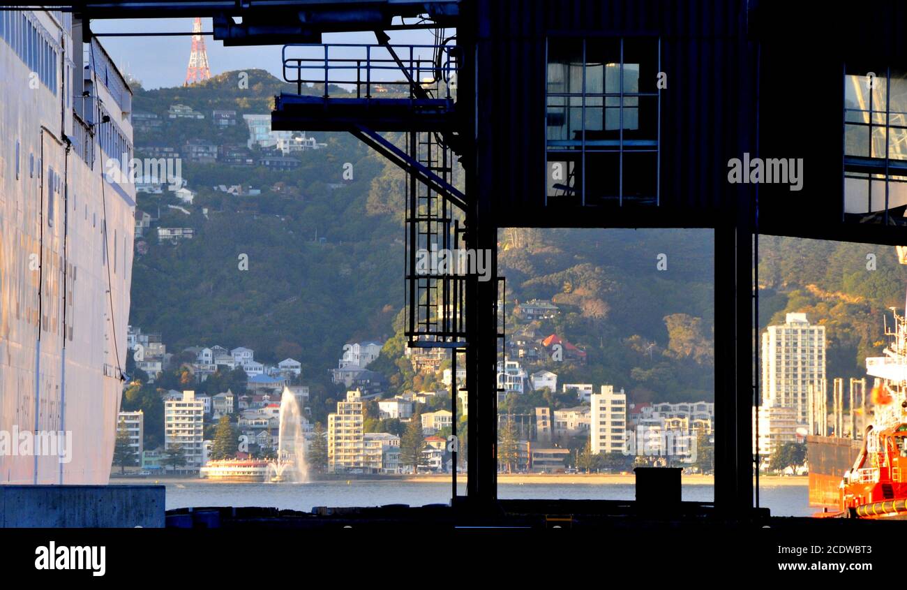 Am Fährhafen Interislander in Neuseeland bietet dieser gerahmte Blick die berühmten Sehenswürdigkeiten Wellingtons: Die Fähre, Oriental Bay, Carter Fountain, Mt Victoria, Red Tugboat Stockfoto