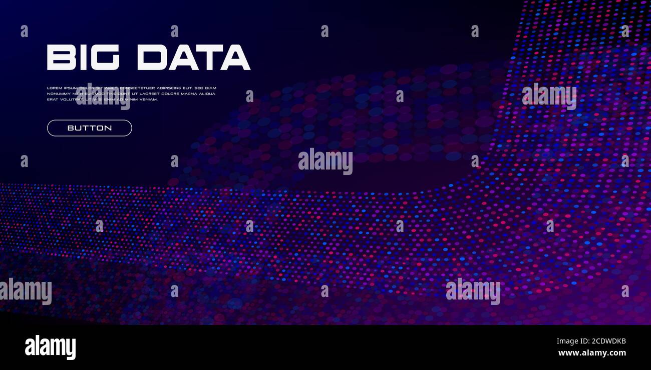 Big-Data-Curved-Stream. Lebendige Big-Data-Partikel mit Kopierspeicher. Lineare Perspektive. Binäre Codestruktur. Abstrakter Hintergrund. Vektor Stock Vektor