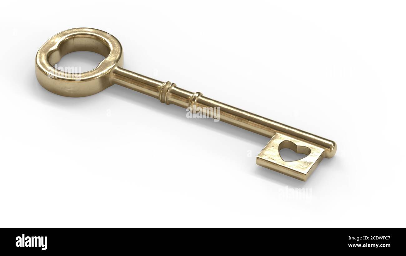 3d-Darstellung eines alten Schlüssels für Herz als Charme Stockfoto