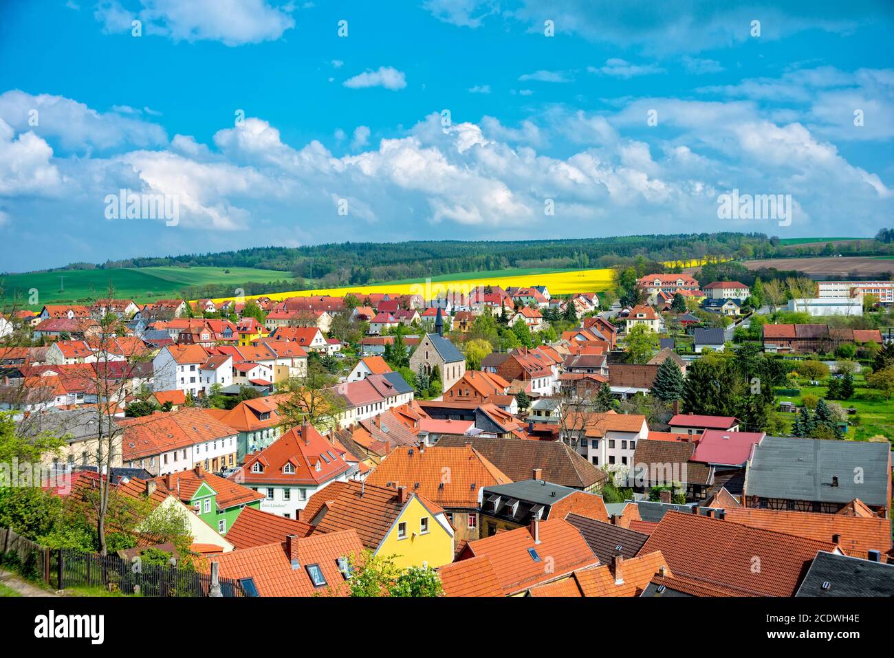 Blick über das Dorf Ranis in Thüringen im Frühjahr Stockfoto