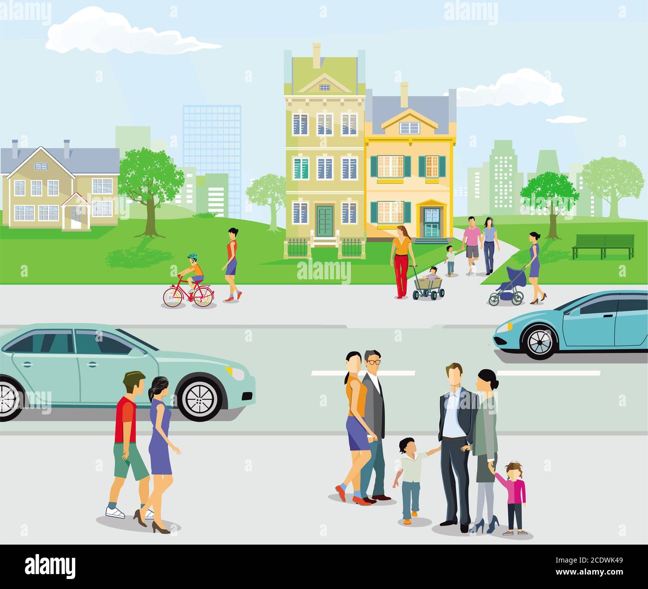 Fußgänger mit Straßenverkehr, Eltern und Kinder, Abbildung Stockfoto